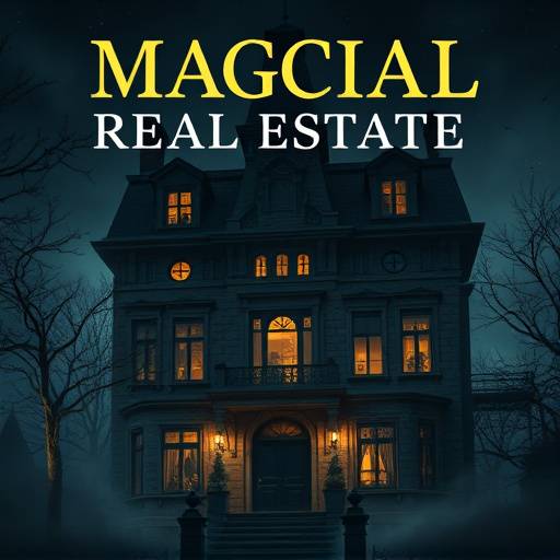 Affiche de la série 'L'Agence Immobilière Magique' présentant un immeuble avec une ambiance mystérieuse.