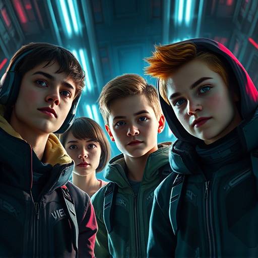 Affiche de la série 'Les Héritiers du Temps' montrant un groupe de jeunes gens avec une ambiance futuriste.